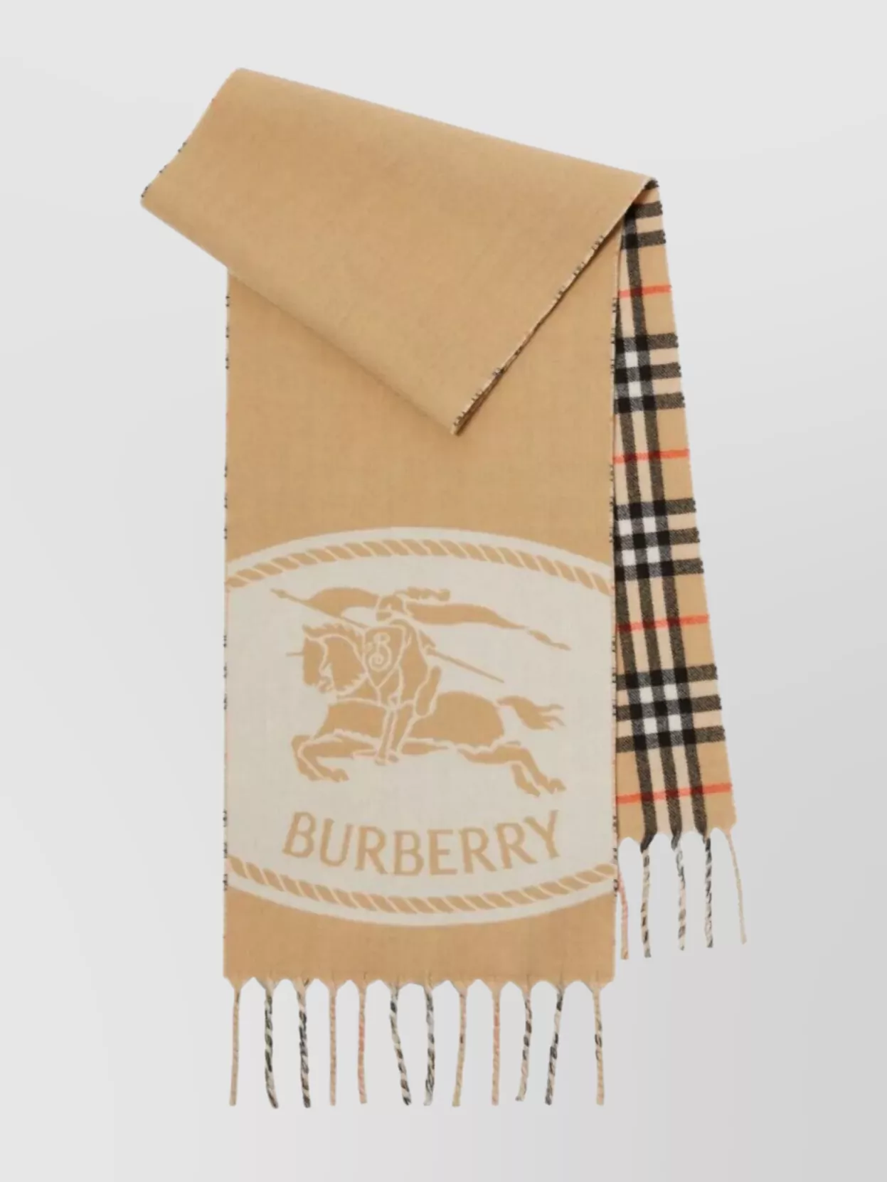 Burberry Reversible Cashmere Knight Stamp And Check Scarf In Brown
