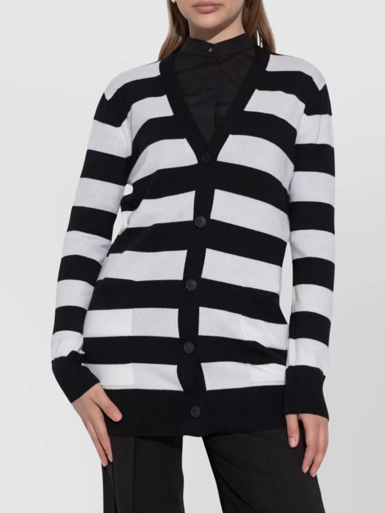 Max Mara Striped V-neck Cardigan And Pockets In Black
