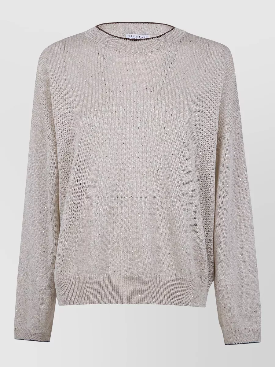 Brunello Cucinelli Linen Round Neck Sequin Long-Sleeve Jumper
