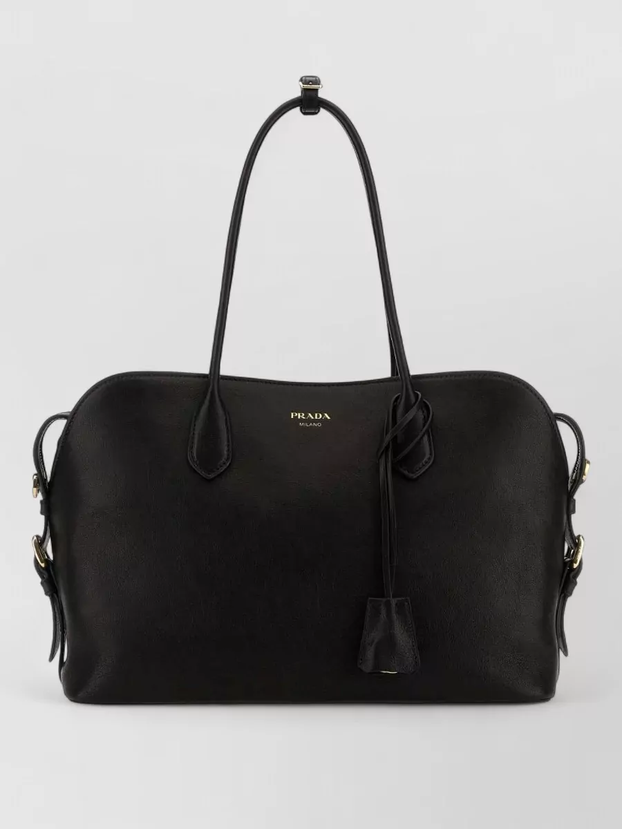 Prada Leather Large Shopping Bag Detachable Strap In Black