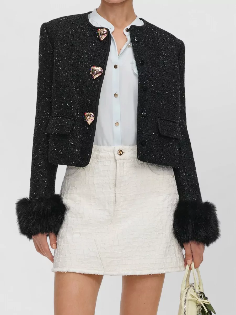 Self-Portrait Metallic Bouclé Cropped Faux Fur Cuff Jacket