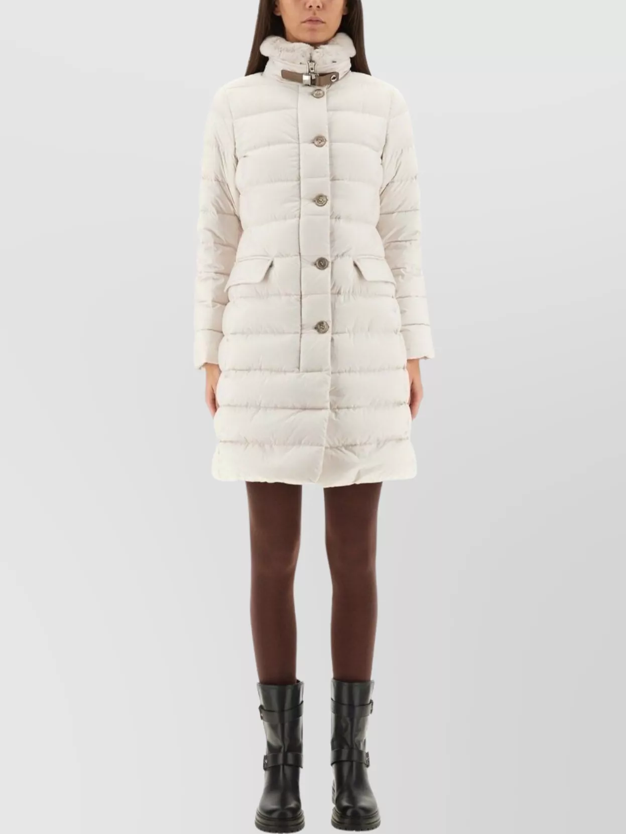 Moorer Long Padded Coat With Belt And High Collar In White