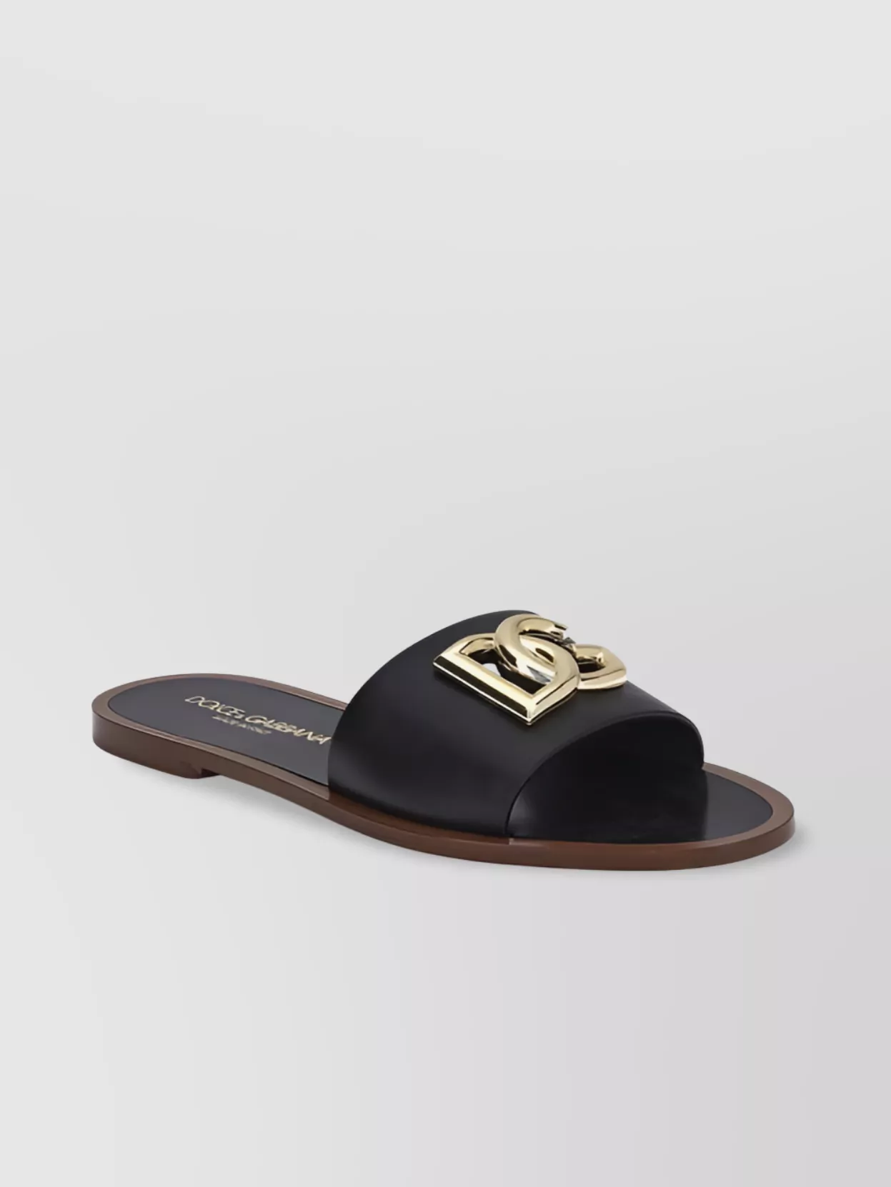 Dolce & Gabbana Flat Leather Slide Sandals With Front Embellishment In Black