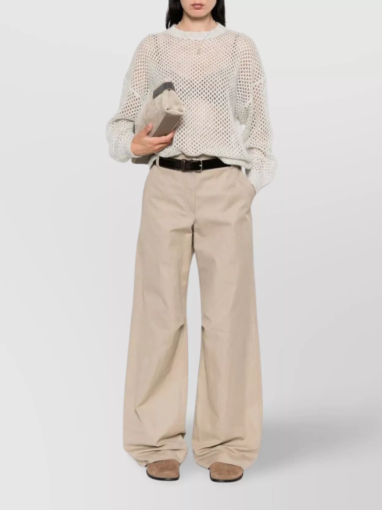 Brunello Cucinelli Wool Sweater Mesh Design Subtle Shimmer In White