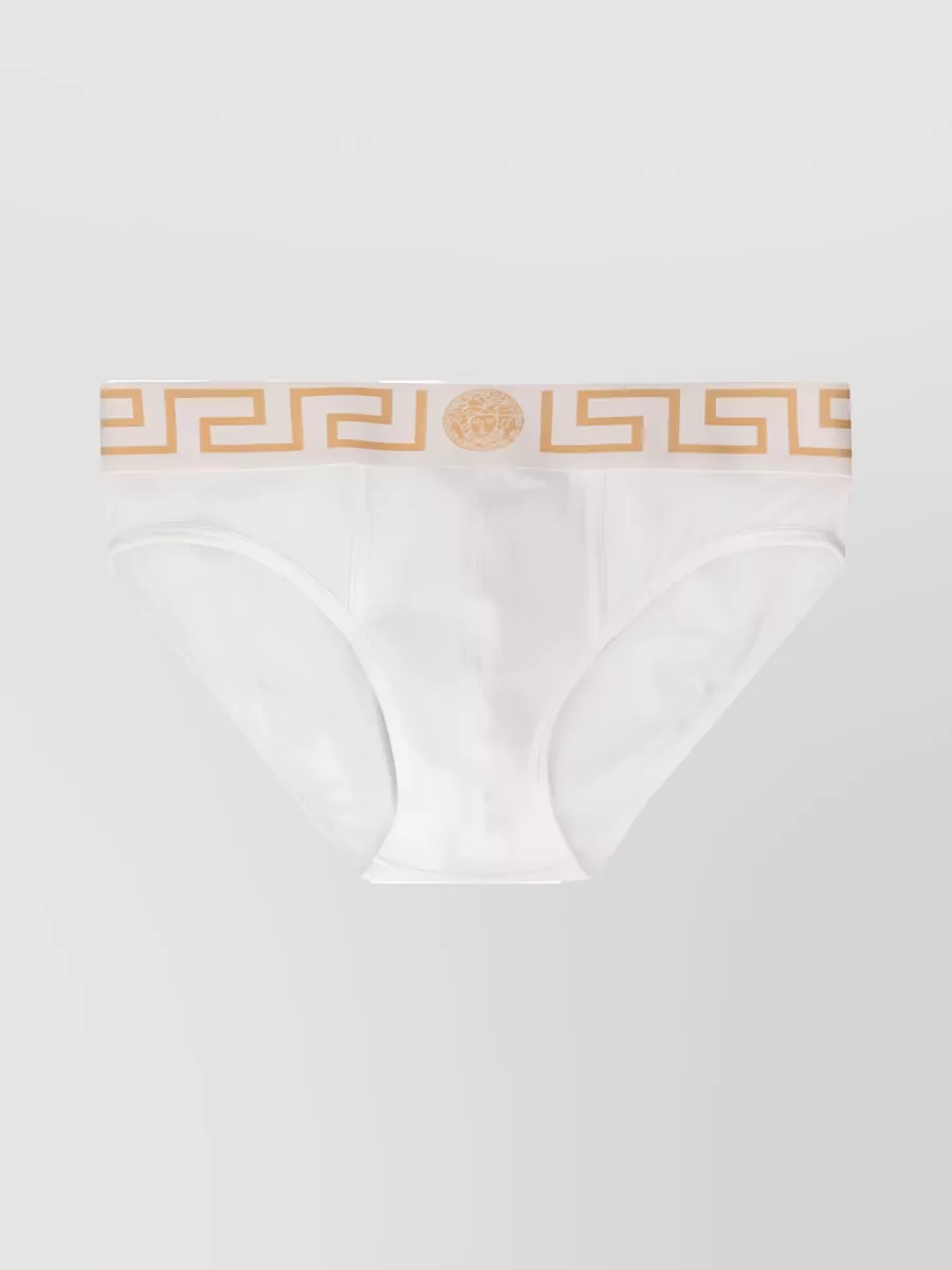 Shop Versace Logo Waistband Cotton Briefs In Cream