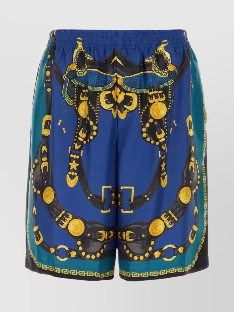Shop Versace Medusa Harness Silk Satin Bermuda Shorts In Blue