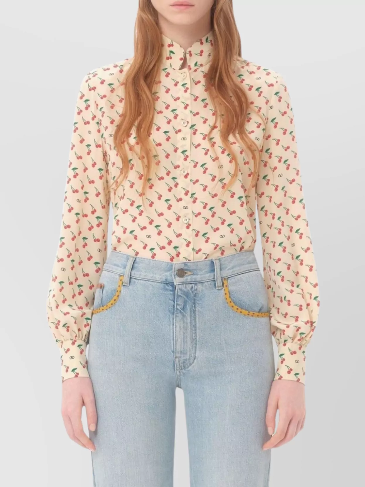 Valentino Crepe De Chine Shirt With Cherryfic Print In Neutral