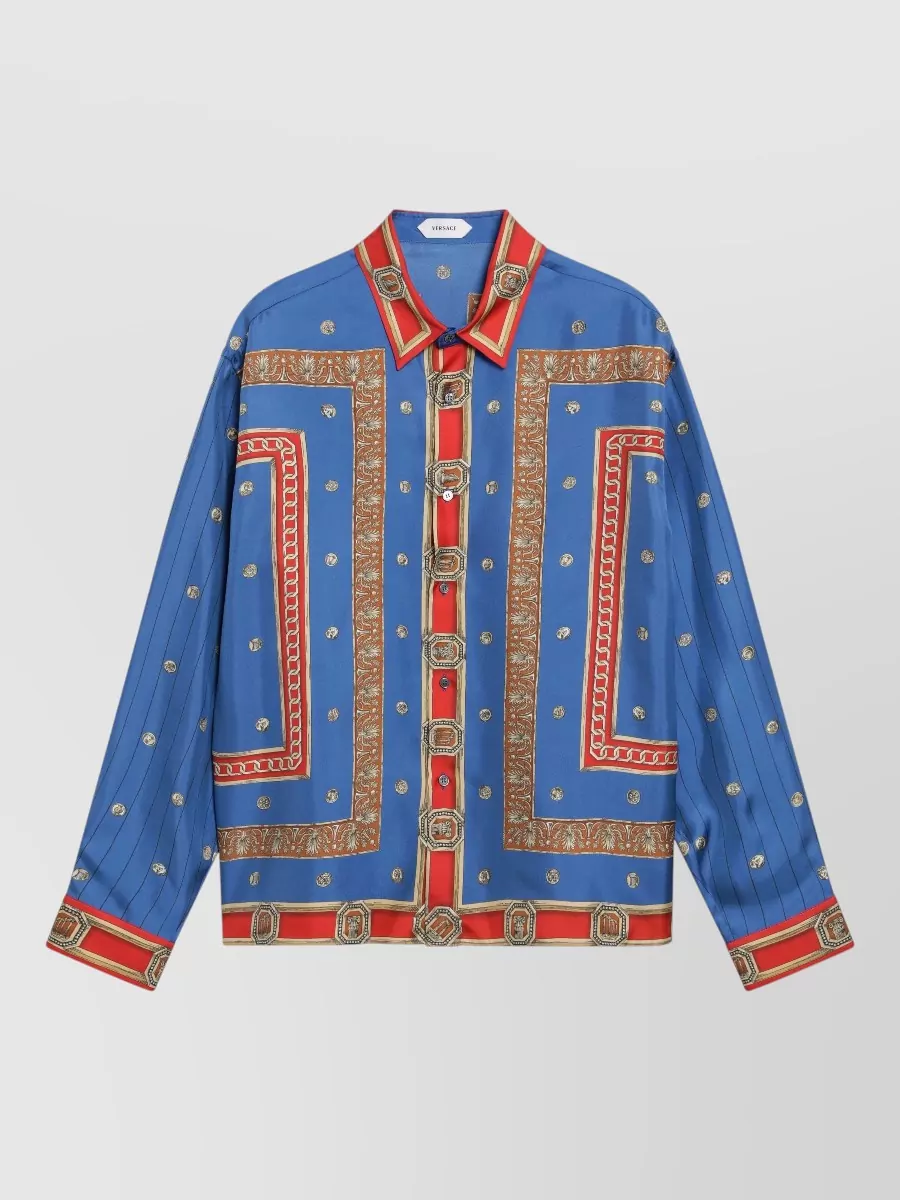 Versace Regular Printed Silk Twill Shirt In Blue