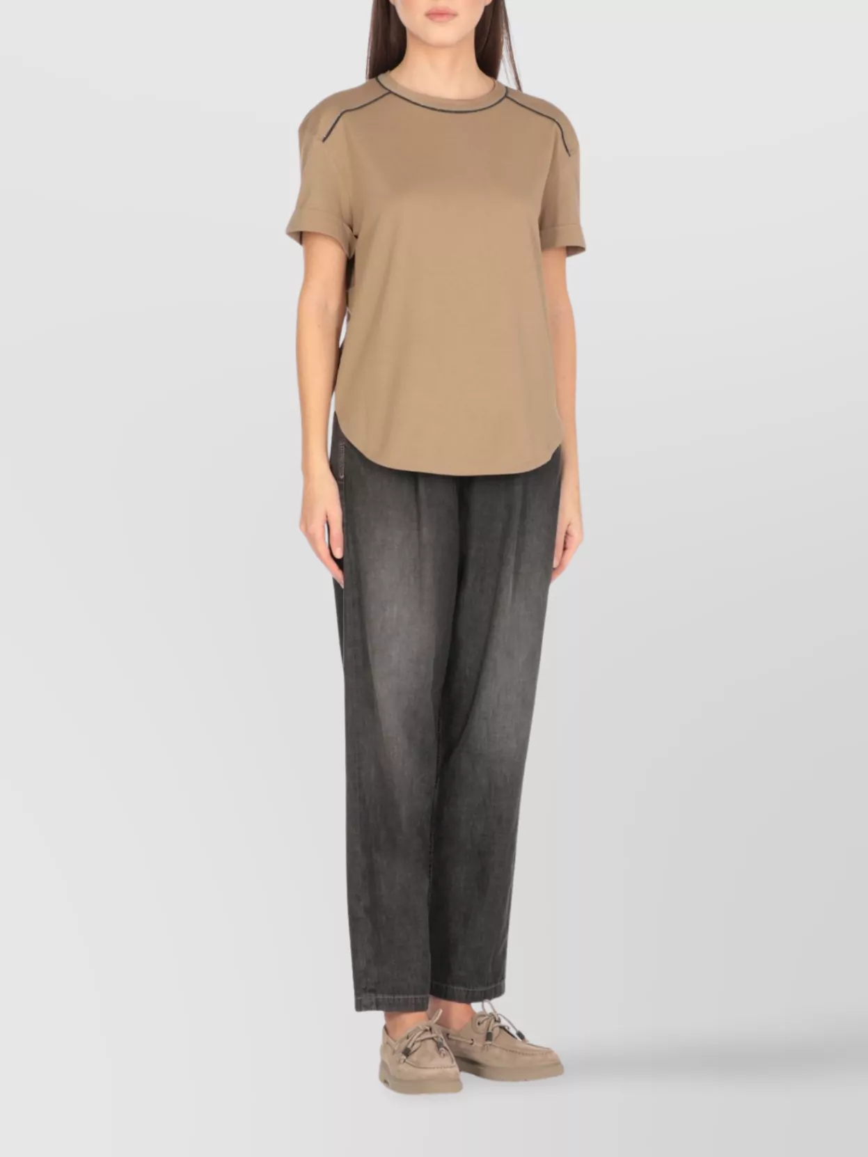 Brunello Cucinelli Crewneck T-shirt With Diamond Cut Brass In Neutral