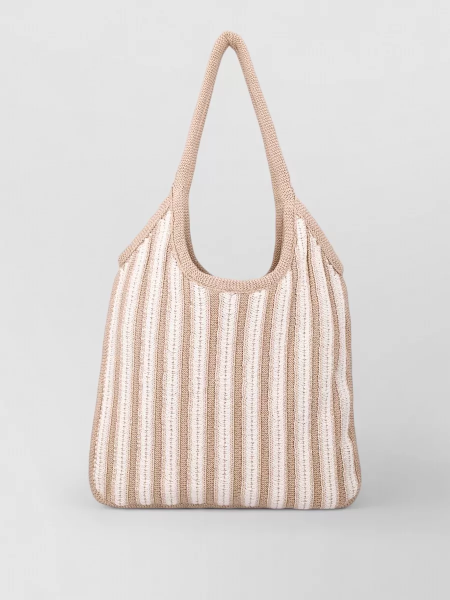 Miu Miu ivy cotton crochet tote bag — The knitted striped tote introduces soft texture and sun-faded neutrals that harmonize with the woven loafers and chinos, pushing the ensemble gently toward a chic, boho-preppy summer mood.