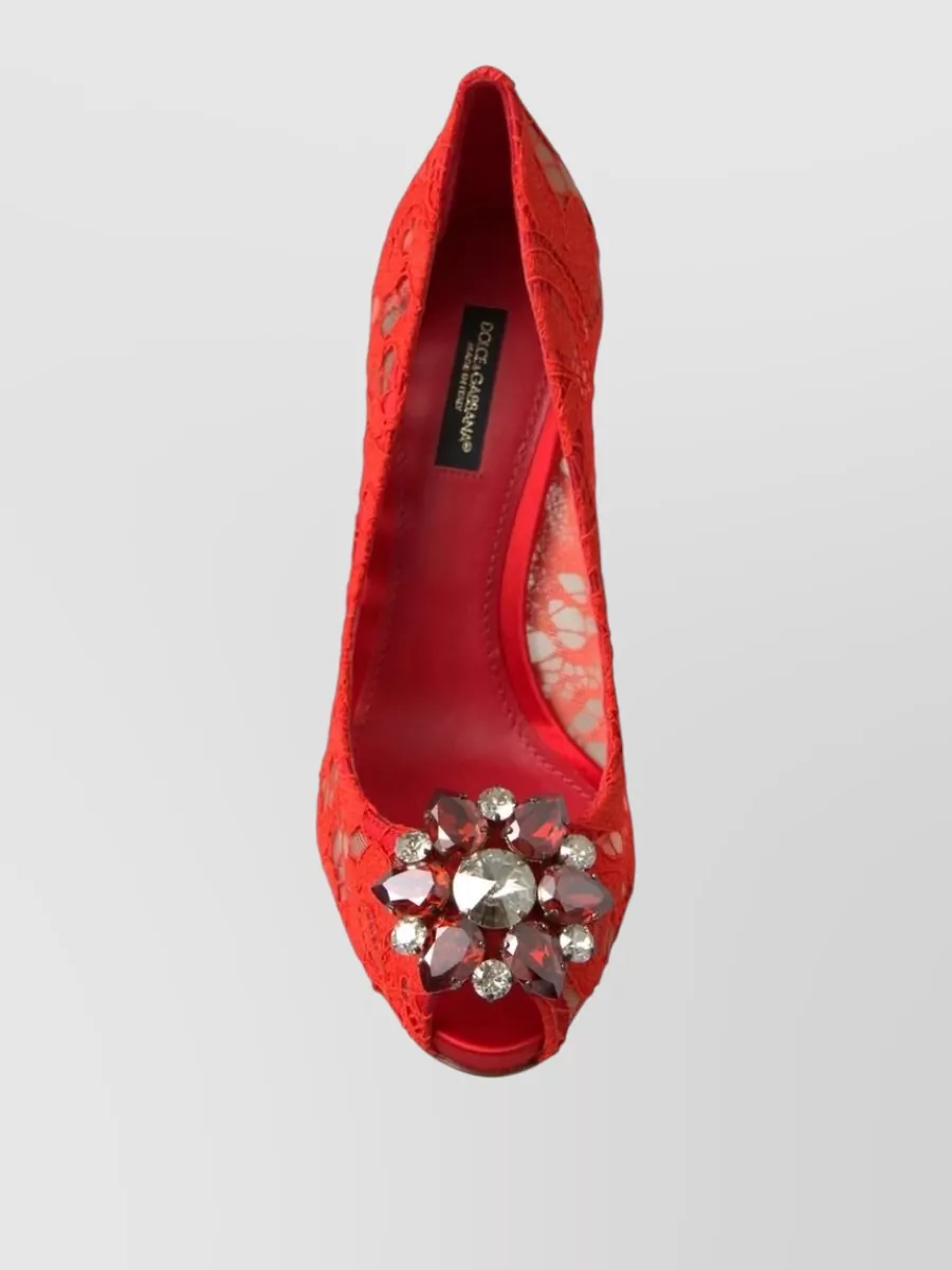 Dolce&Gabbana Silk Lace Crystal-Embellished Peep-Toe Pumps