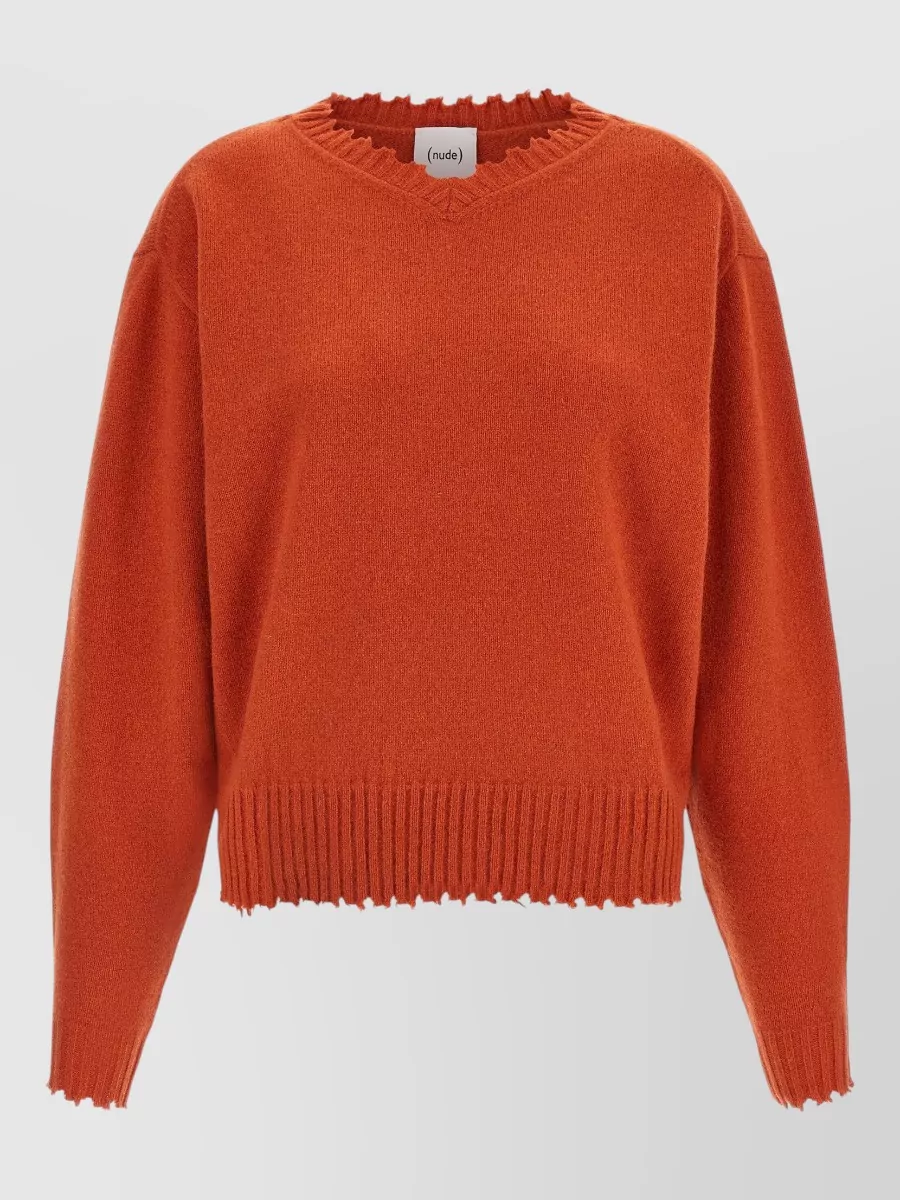 Nude cashmere v-neck fringed-hem sweater