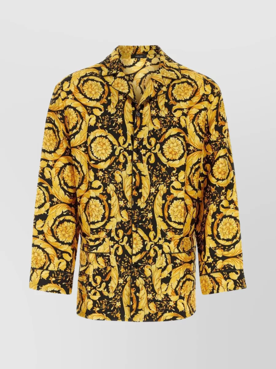Shop Versace Silk Pajama Shirt With Printed Design In Brown