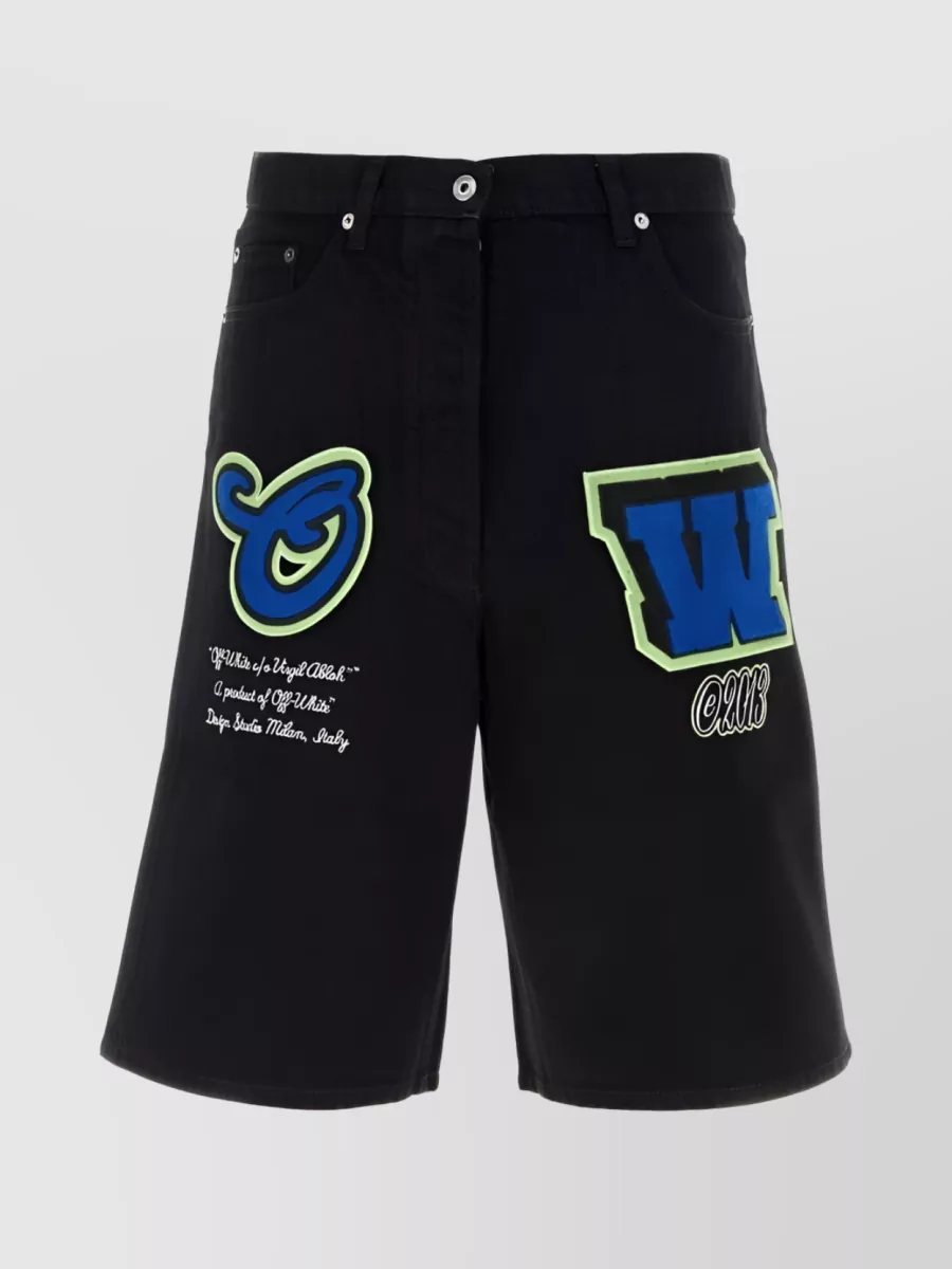 Shop Off-white Varsity Patch Wide-leg Denim Shorts In Black