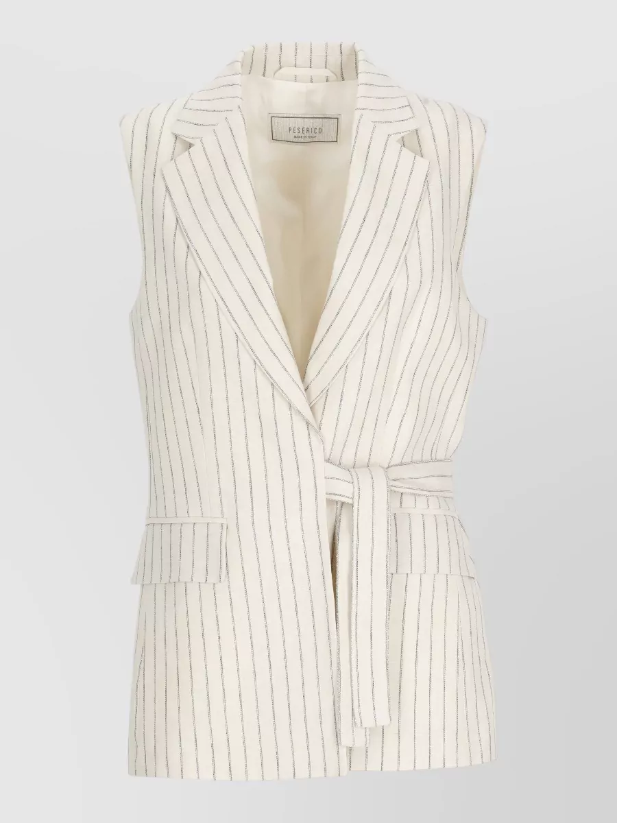 Peserico Linen Gilet Sleeveless Striped Lapel Pockets In White