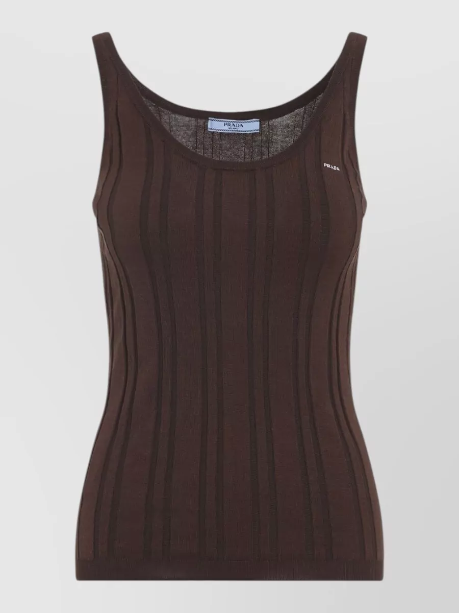 Prada Ribbed Knit Tank Top Scoop Neckline In Brown