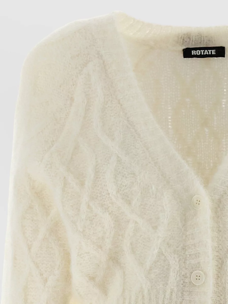 Rotate Birger Christensen Knit Cardigan Cable Pattern Ribbed Trims V Neck