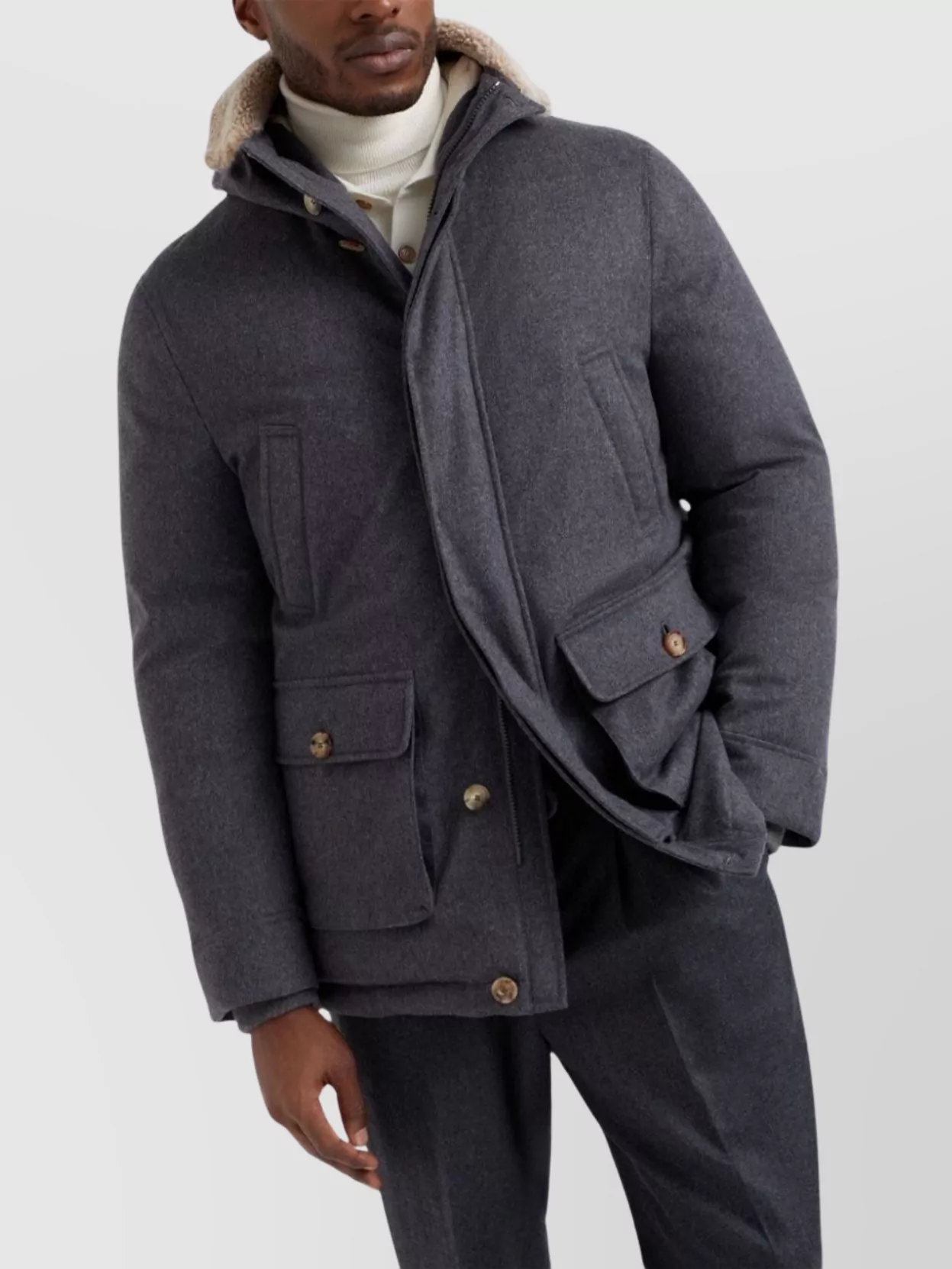 Brunello Cucinelli Hooded Long Length Warm Fabric Front Pockets In Gray