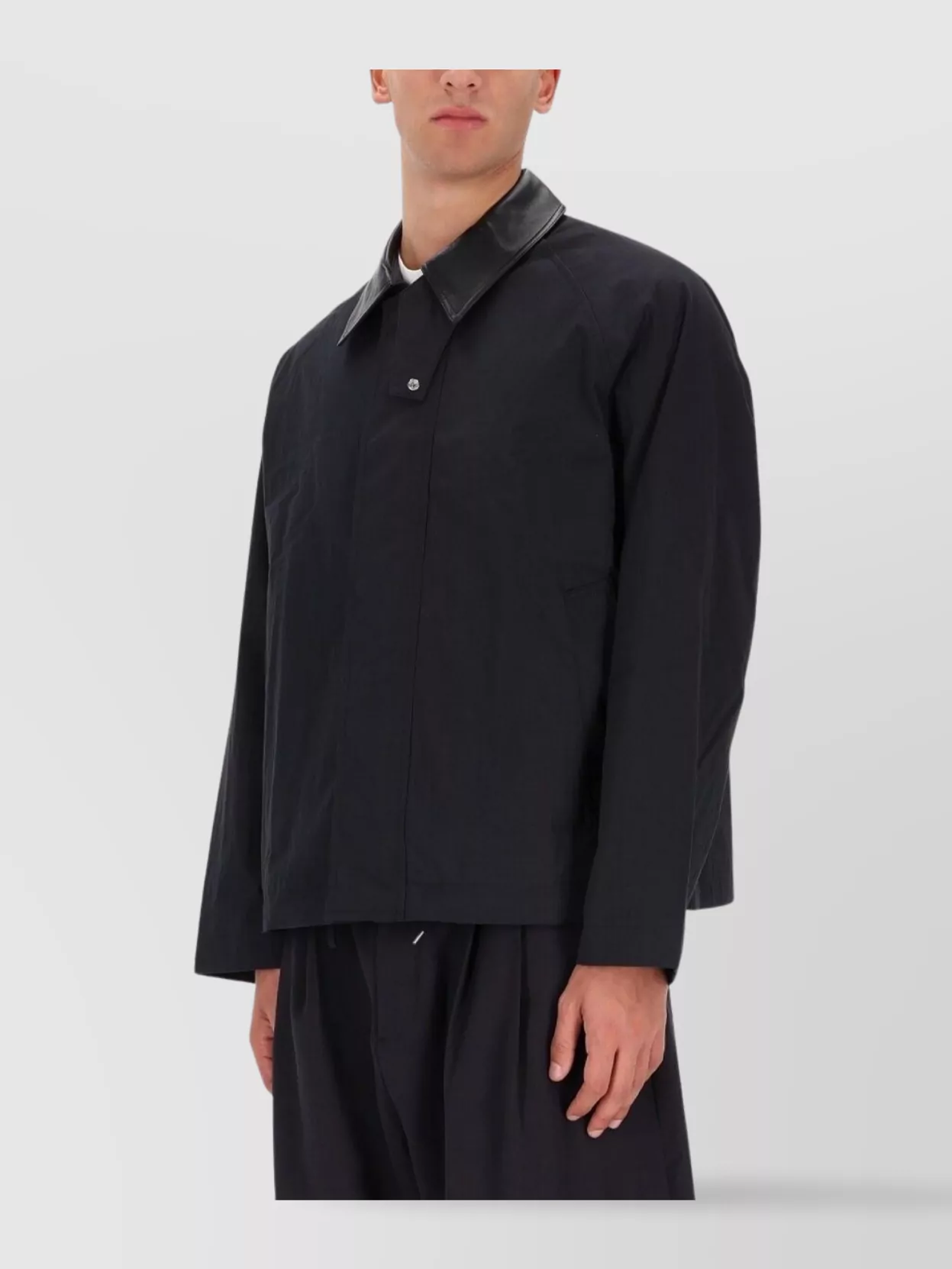 Studio Nicholson Long Sleeve Jacket With Front Pockets And Leather Collar In Black