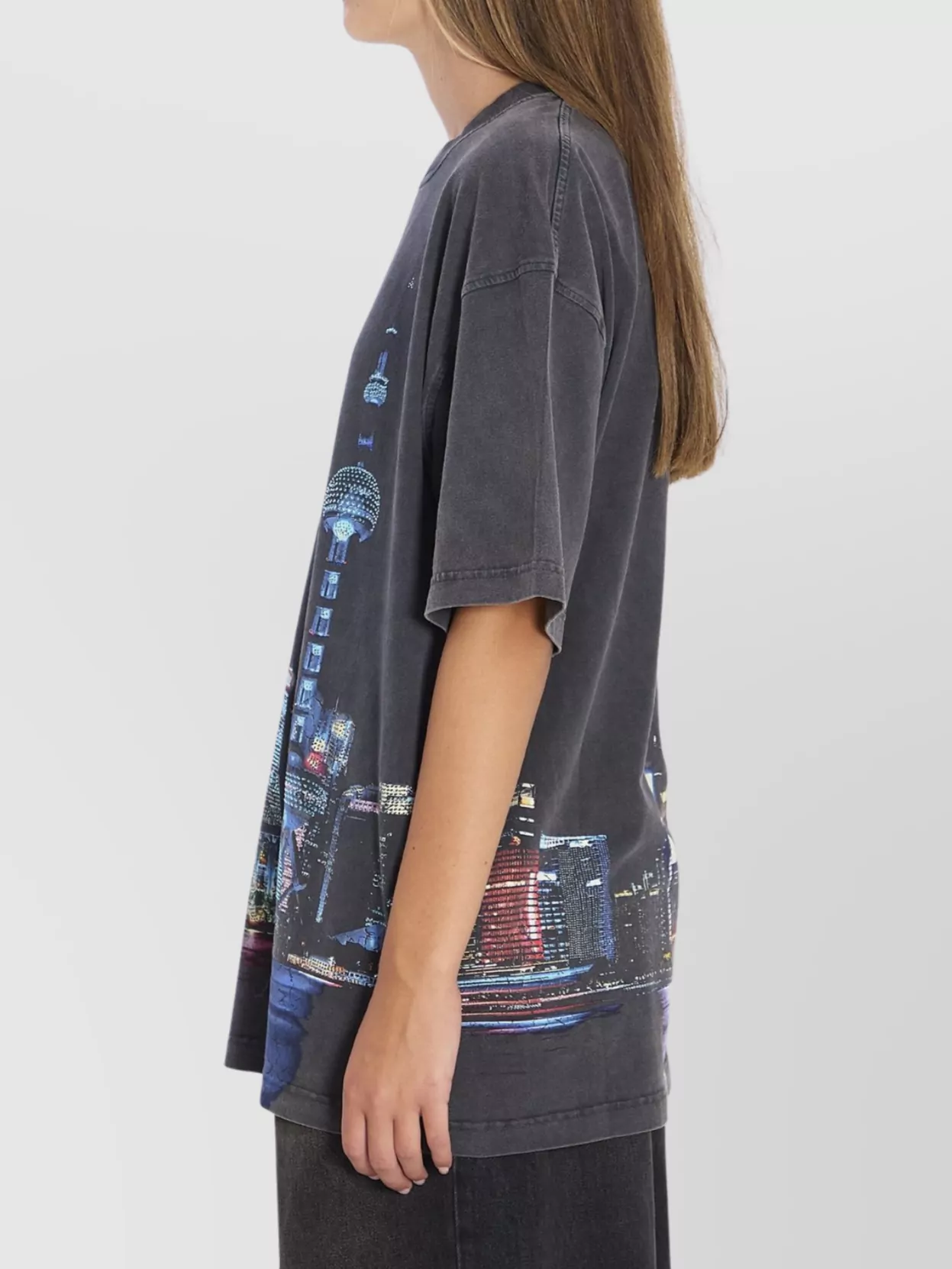 Alexander Wang Women T-shirt With Thermo-applied Rhinestones And Shanghai Skyline In Blue