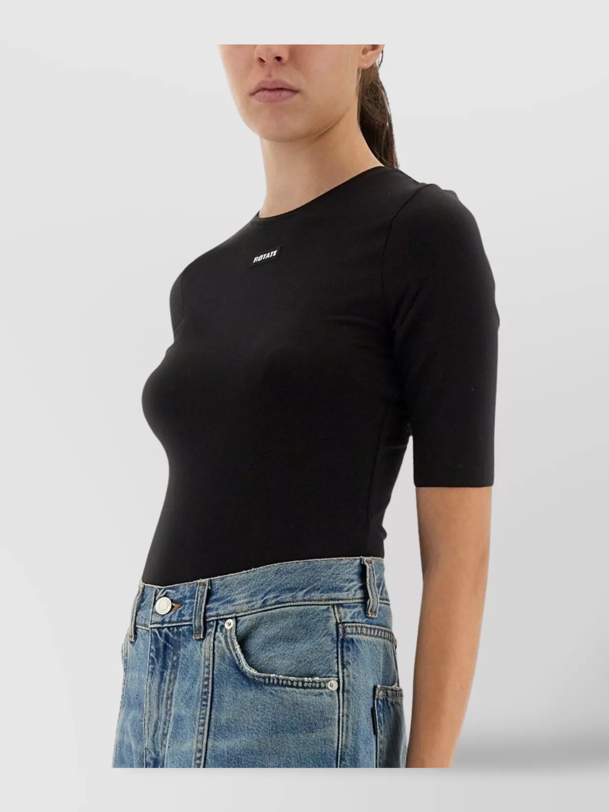 Rotate Birger Christensen Crew Neck Short Sleeves Stretch Fit Top In Black