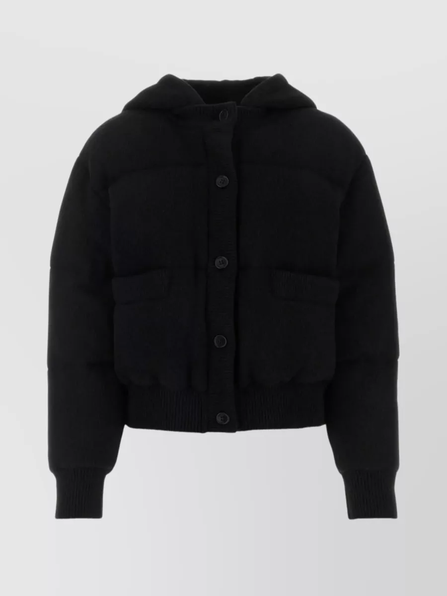 Shop Prada Hooded Wool Blend Jacket With Elastic Cuffs In Black
