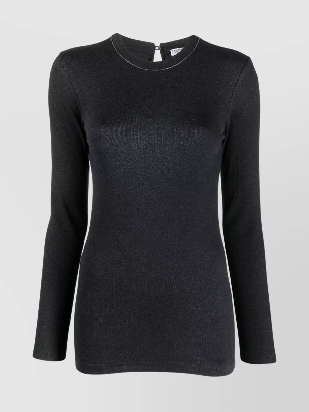 Brunello Cucinelli Ribbed stretch jersey long-sleeve t-shirt — The slim charcoal long-sleeve mirrors the pant’s fluid line and tone, creating a quiet head-to-toe column that suits relaxed yet refined lounge and travel dressing.