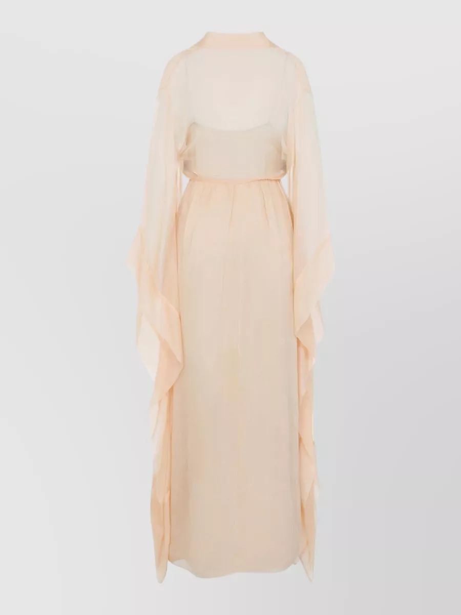 Alberta Ferretti Silk Chiffon V-Neck Asymmetric Long-Sleeve Gathered Maxi Dress