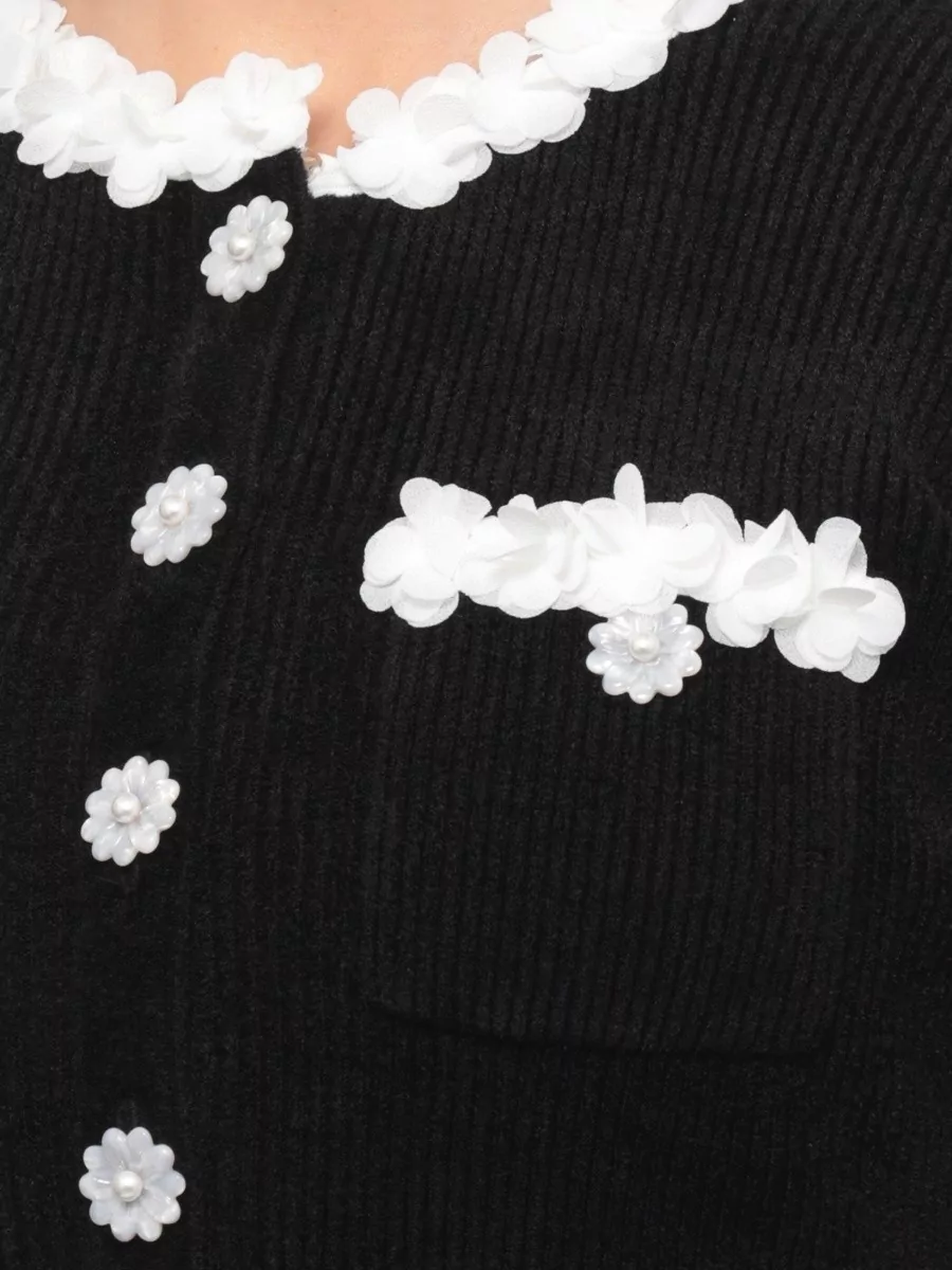 Self-Portrait Ribbed Chenille Knit Flower-Button Mini Dress