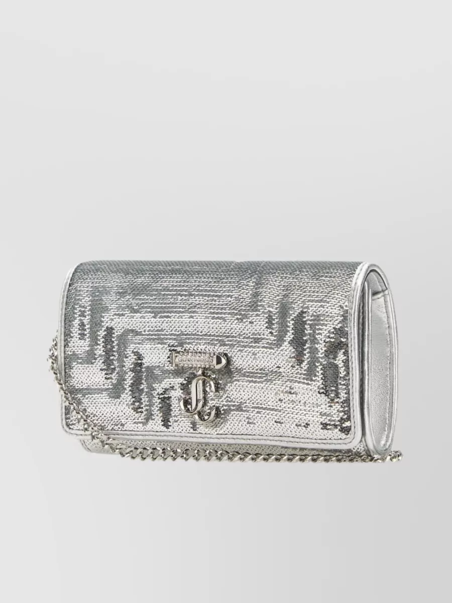 Shop Jimmy Choo Rectangular Sequined Wallet With Metallic Chain In Grey