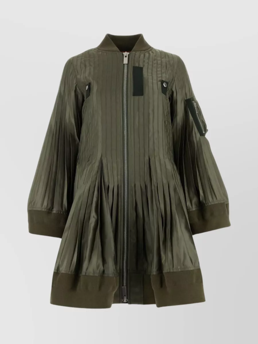 Shop Sacai Pleated Utility Jacket With Ribbed Collar In Green
