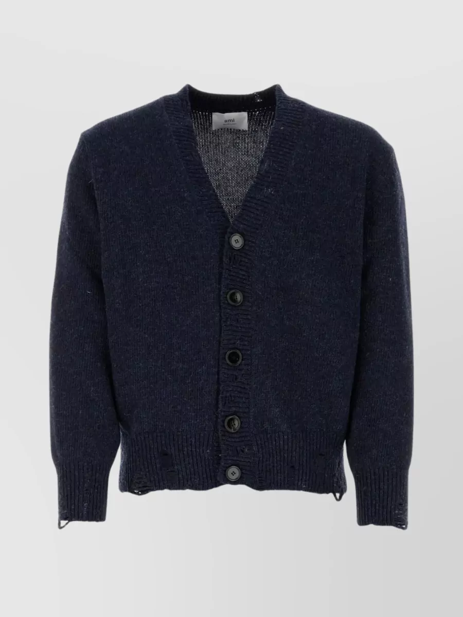 Shop Ami Alexandre Mattiussi Textured V-neck Wool Cardigan In Blue