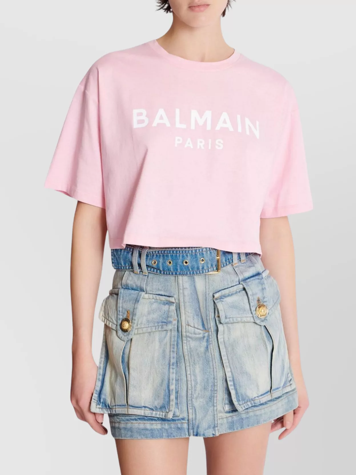 Balmain Paris Print Crew Neck Cropped Top