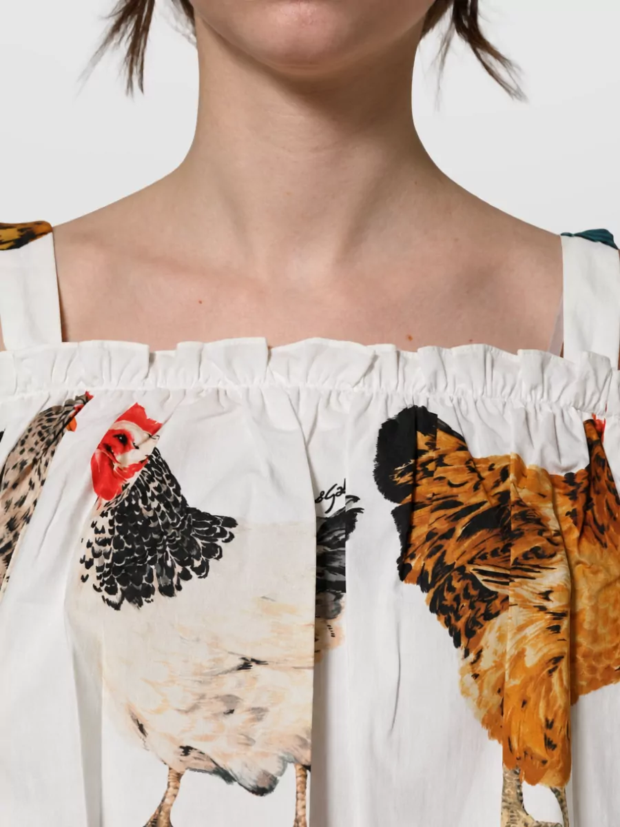 Dolce&Gabbana Cotton Rooster Print Off Shoulder Blouse