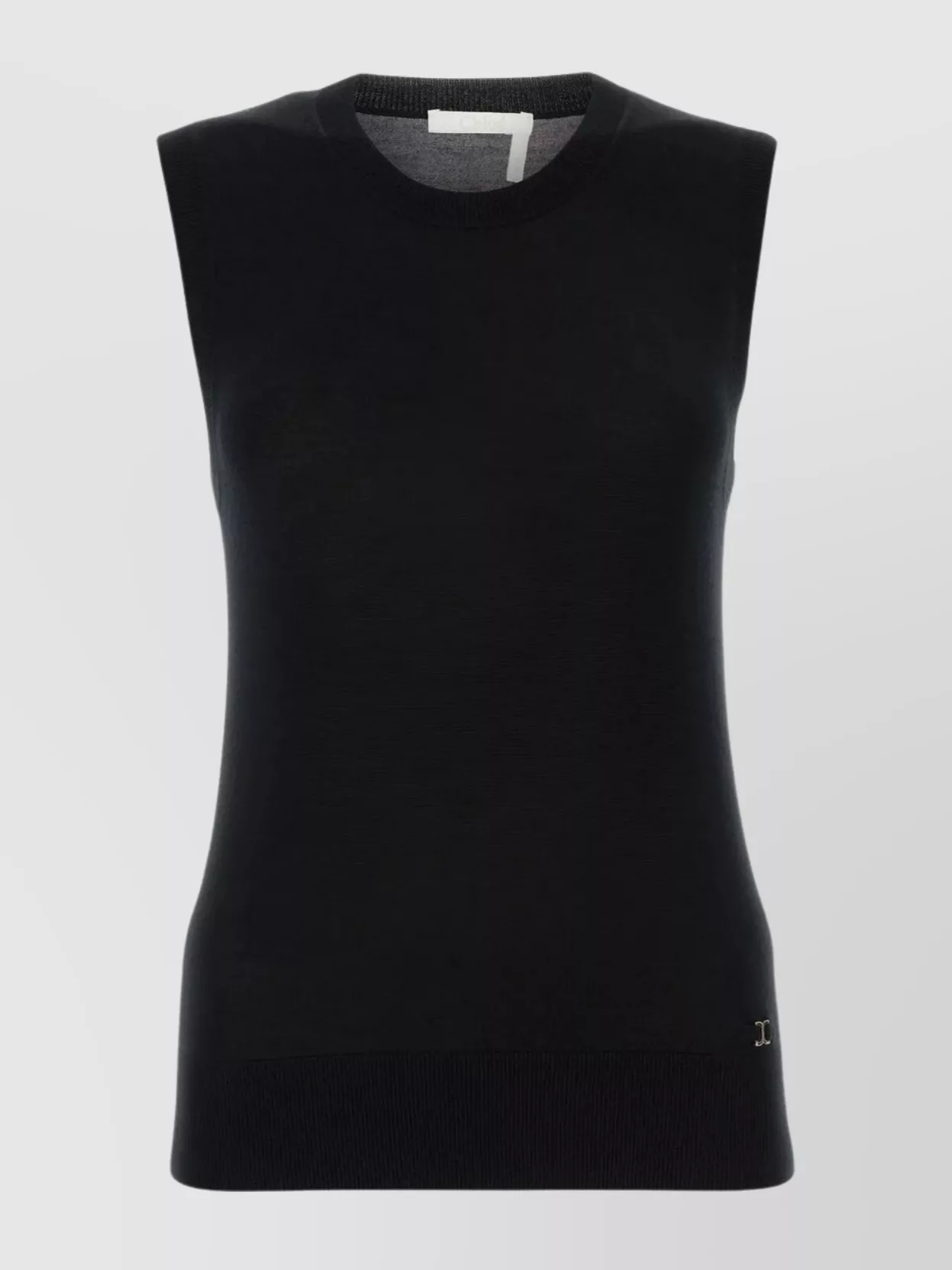 Shop Chloé Ribbed Sleeveless Wool Top With Crew Neck In Black