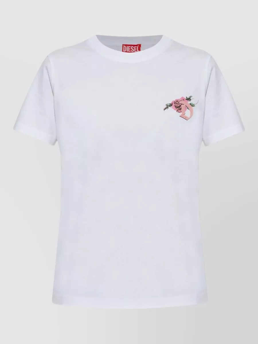 Diesel Cotton t-shirt — The white tee with the small rose logo softens the utility denim shorts, keeps the palette light for summer, and balances Diesel attitude with a clean, easy proportion.