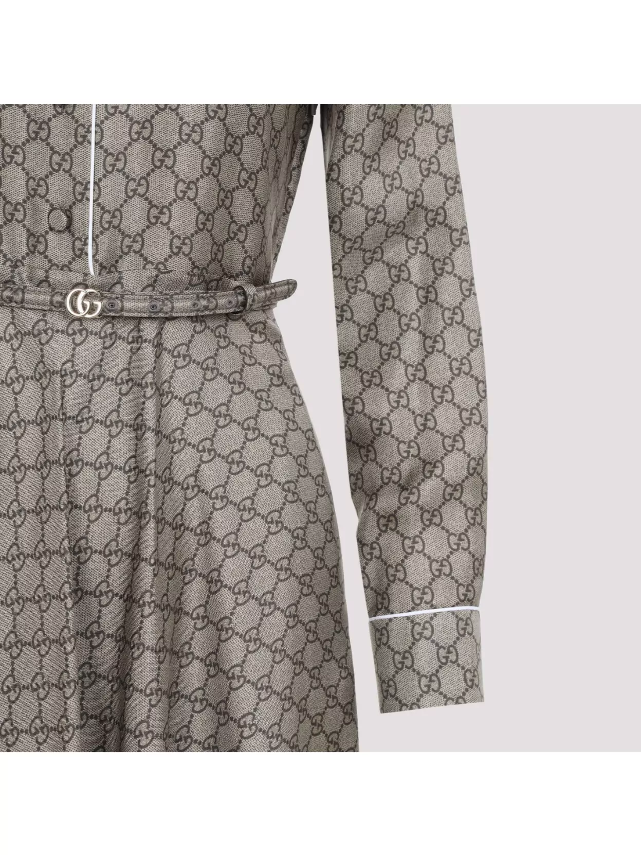 Shop Gucci Silk Midi Dress Long Sleeves In Neutrals