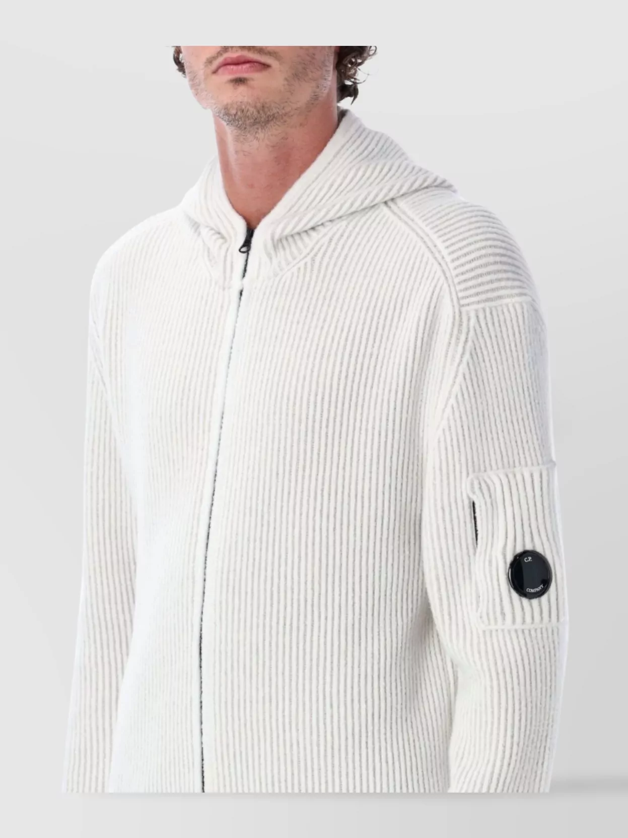 C.p. Company Hooded Knit Cardigan Ribbed Texture