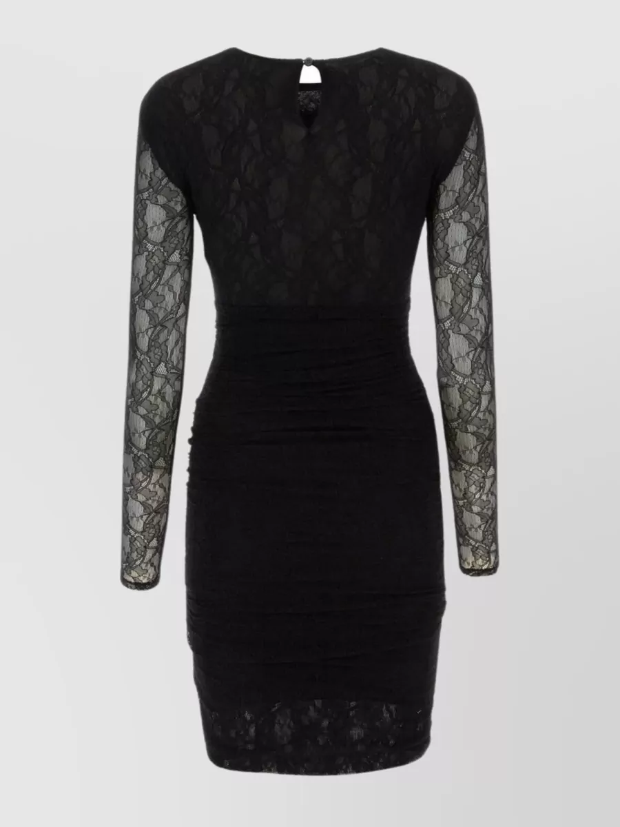 Shop Philosophy Di Lorenzo Serafini Lace Dress With Side Gatherings And Sheer Sleeves In Black
