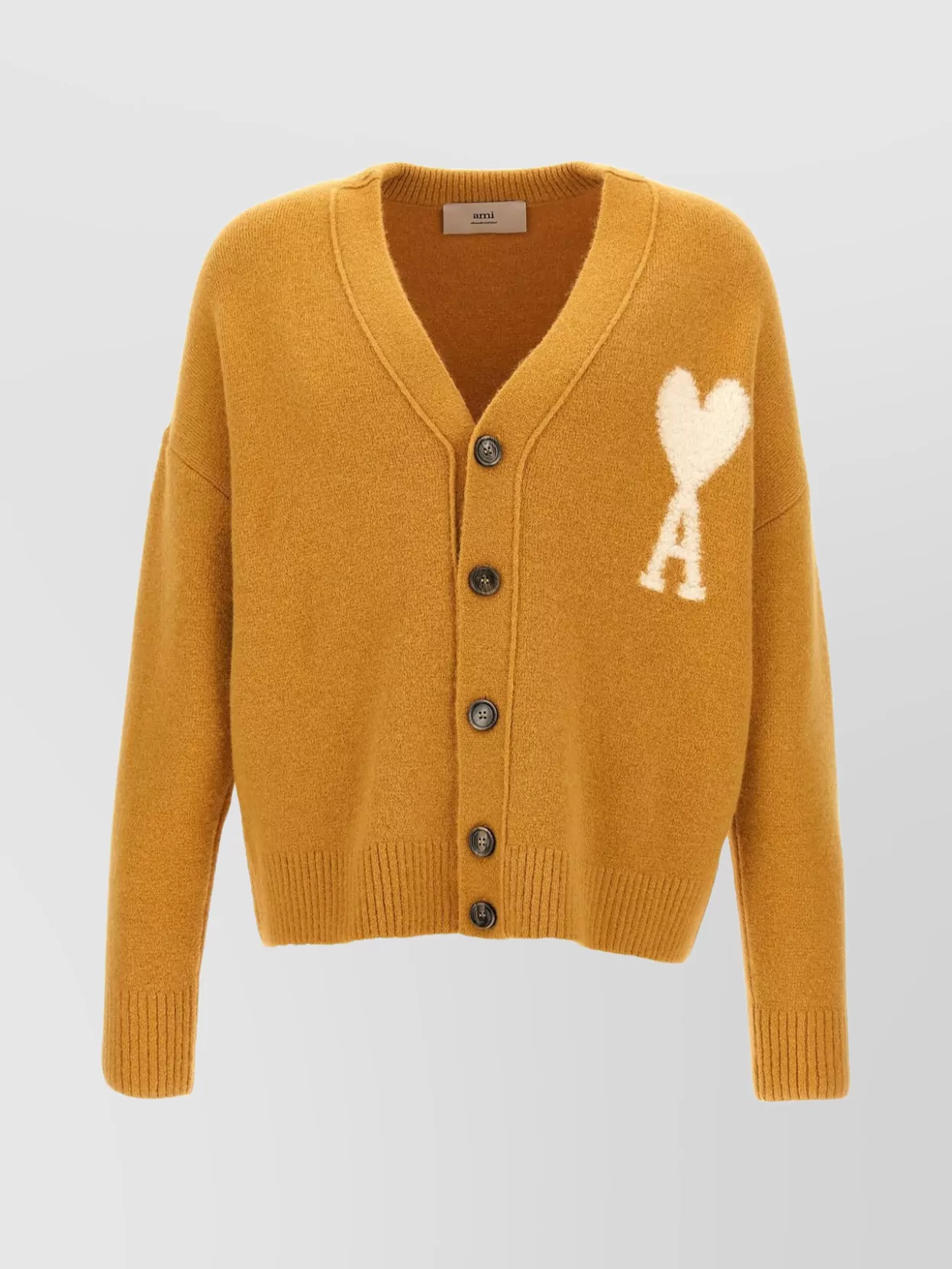 Ami Alexandre Mattiussi Heart Friend V-neck Ribbed Cardigan With Long Sleeves In Orange