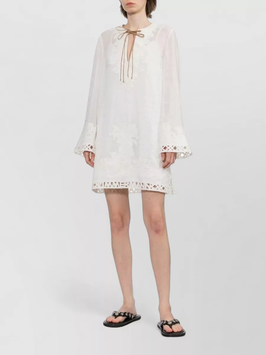 Zimmermann Ramie Embroidered Deep V-Neck Tunic Dress