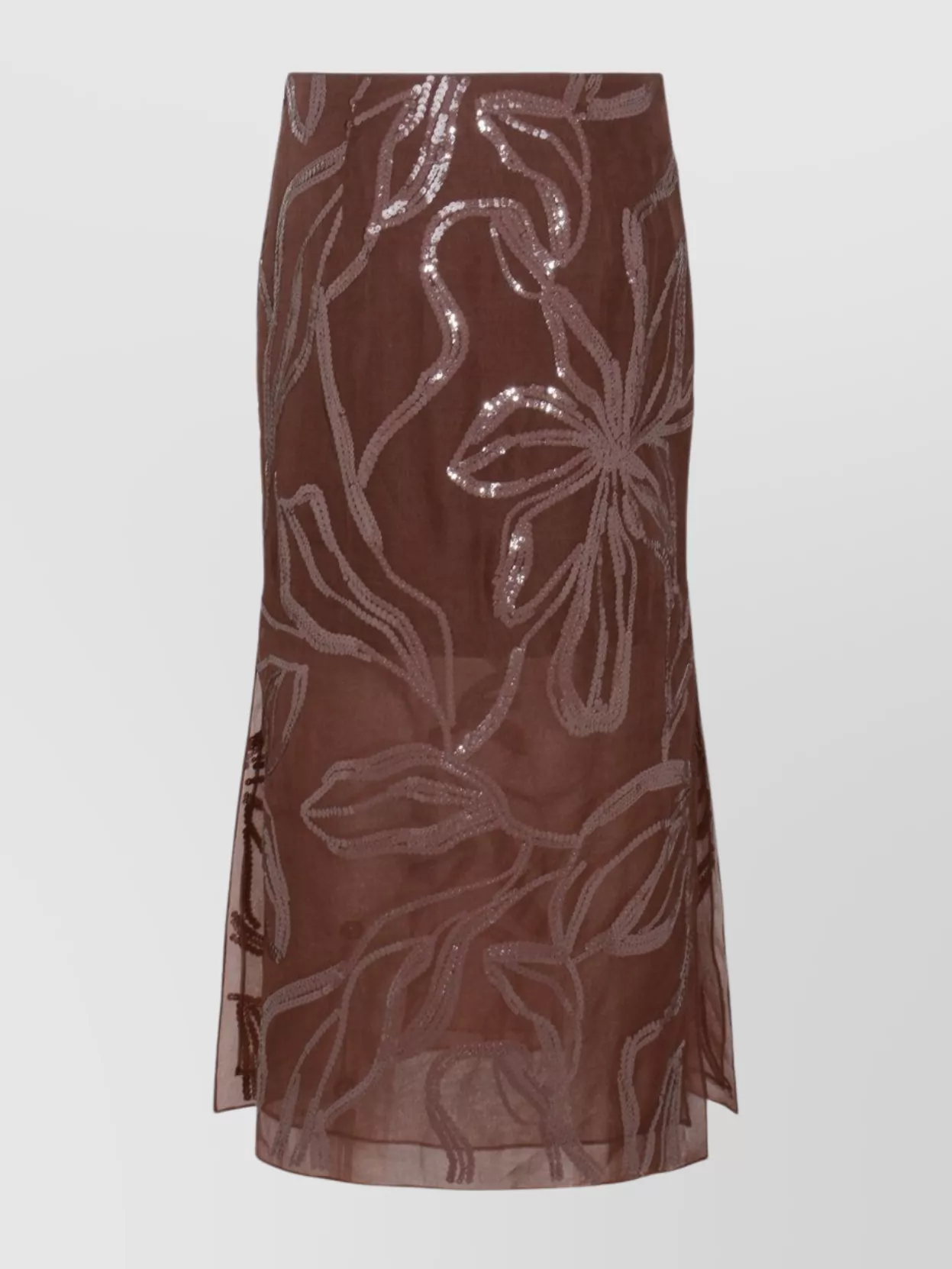 Brunello Cucinelli Floral Midi Skirt Sheer Overlay In Brown
