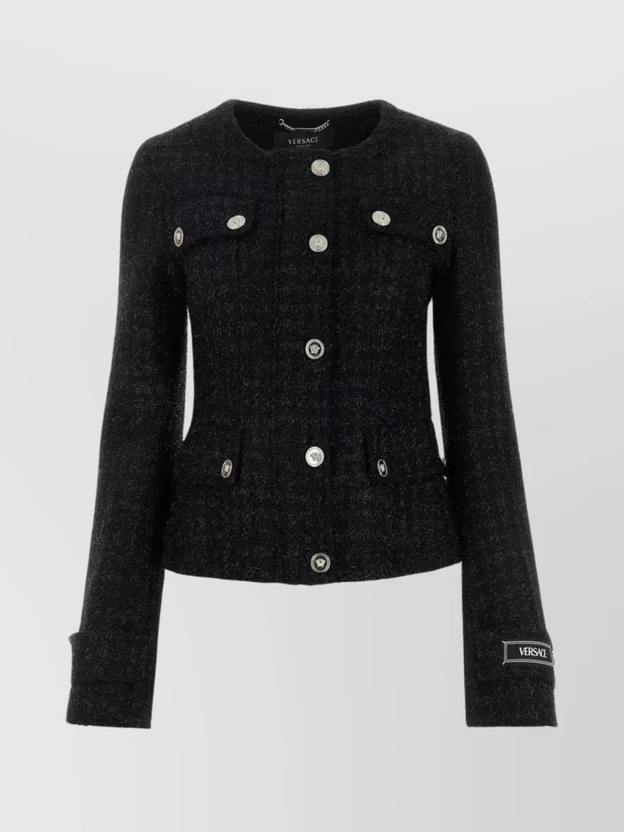 Shop Versace Back Slits Structured Tweed Jacket In Black