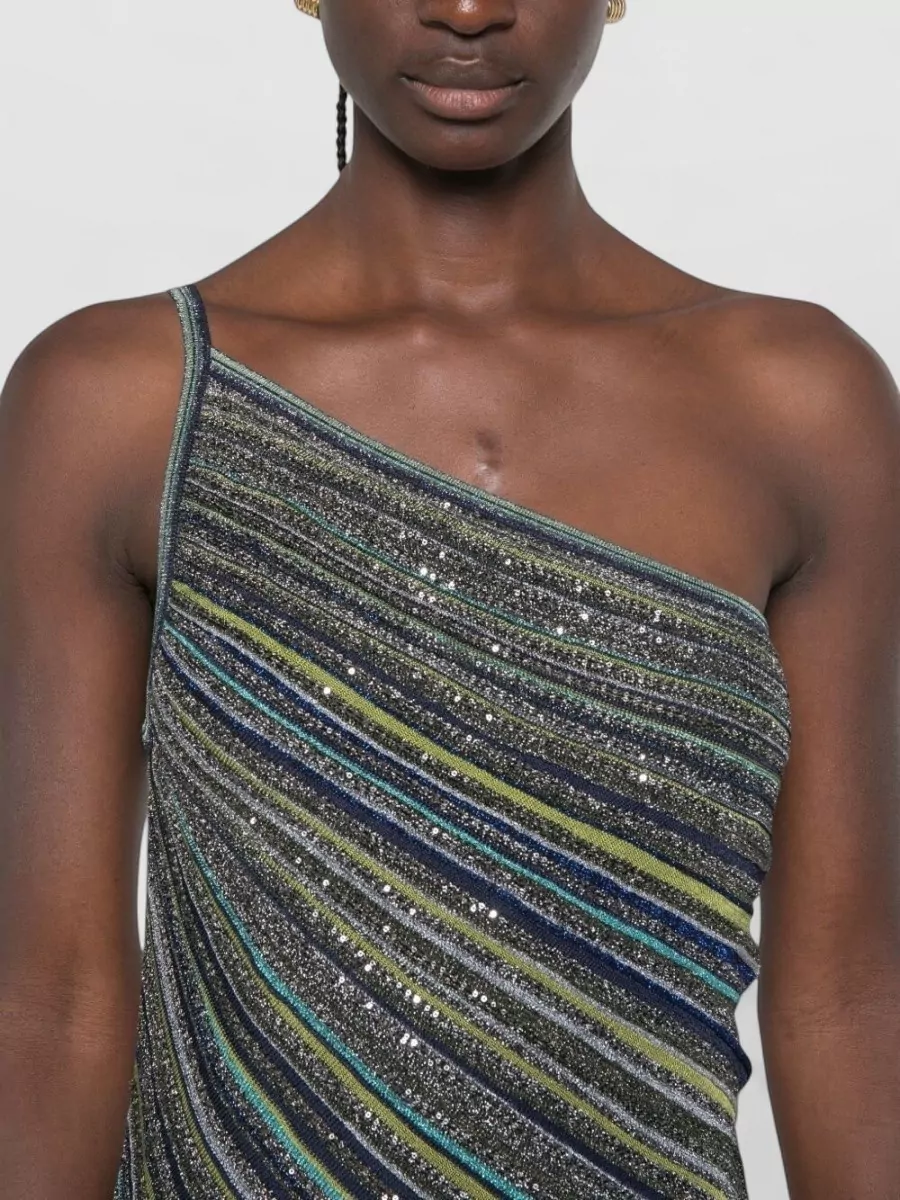 Missoni Sequined Striped One-Shoulder Sleeveless Maxi Dress
