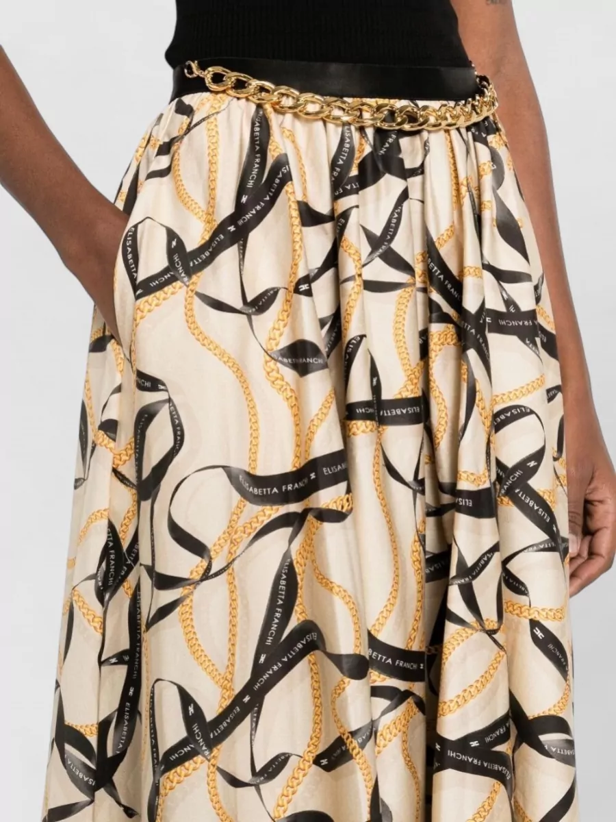 Elisabetta Franchi High Waist Printed Midi Skirt Chain Detail