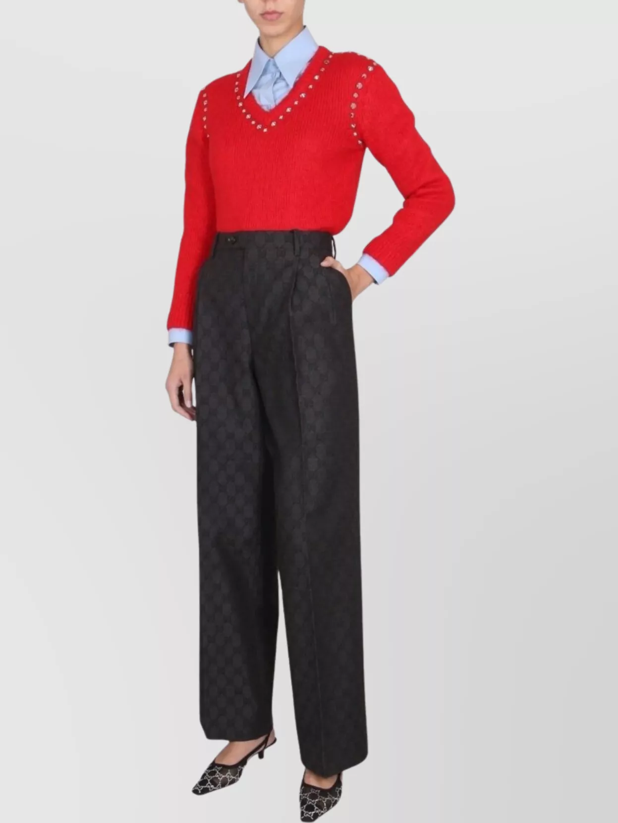 Gucci V-neck Mohair Knit Sweater Stud Embellishments In Red