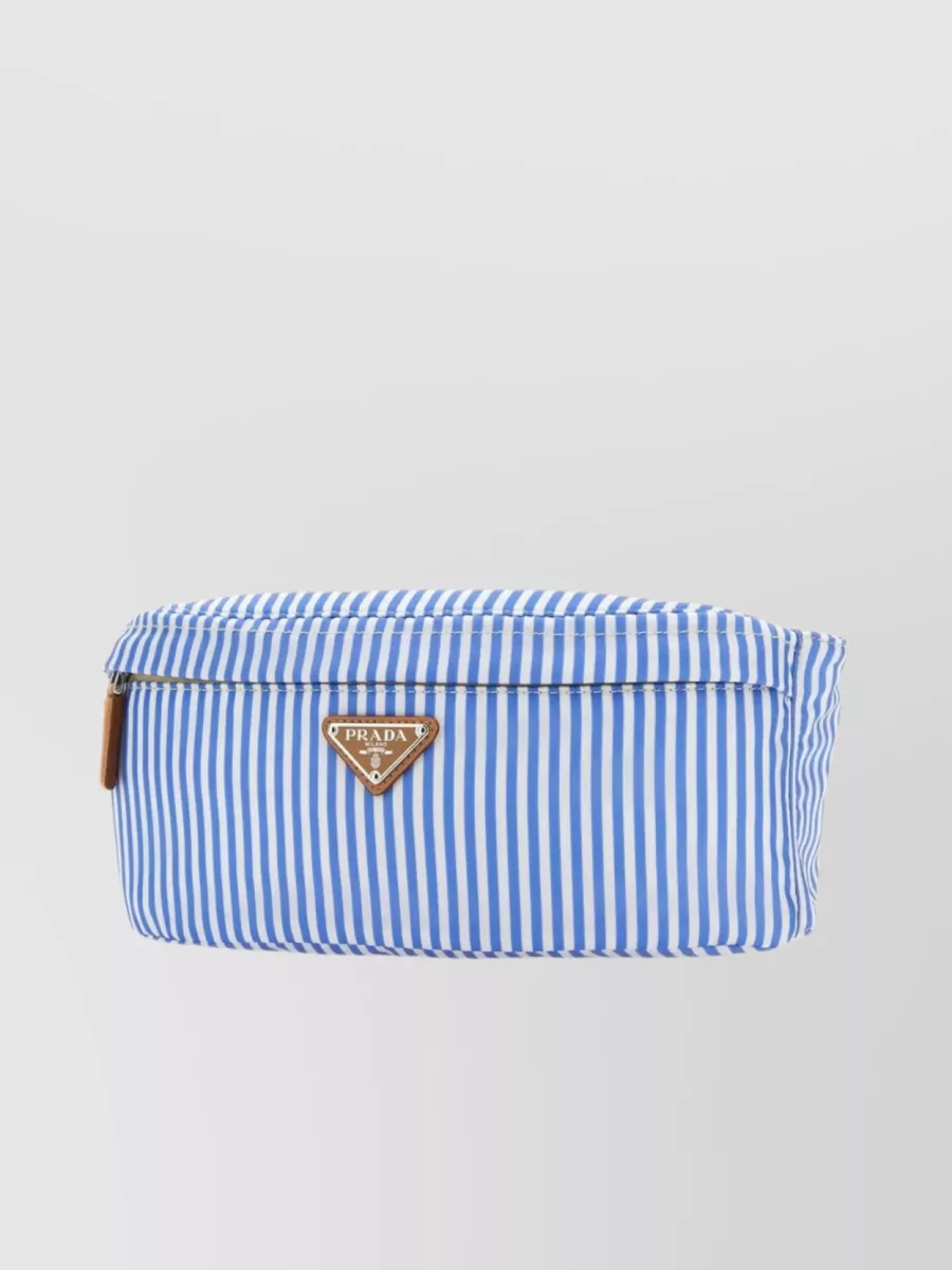 Shop Prada Striped Re-nylon Belt Bag With Leather Trim In Blue