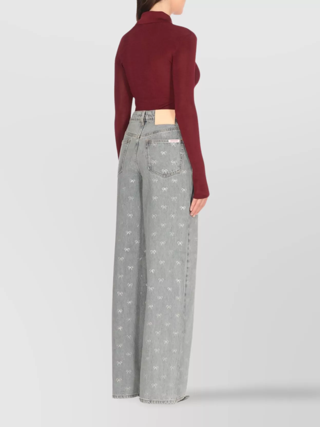 Self-Portrait Ribbed Bordeaux Collared Neck Long Sleeves Top