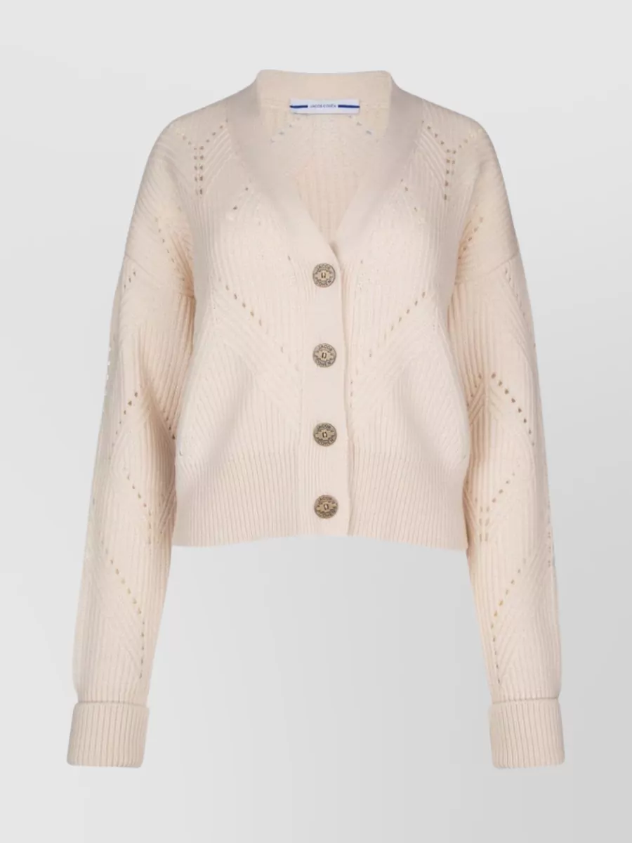 Shop Jacob Cohen Short V-neck Knit With Patterned Ribbed Cuffs And Hem In Cream