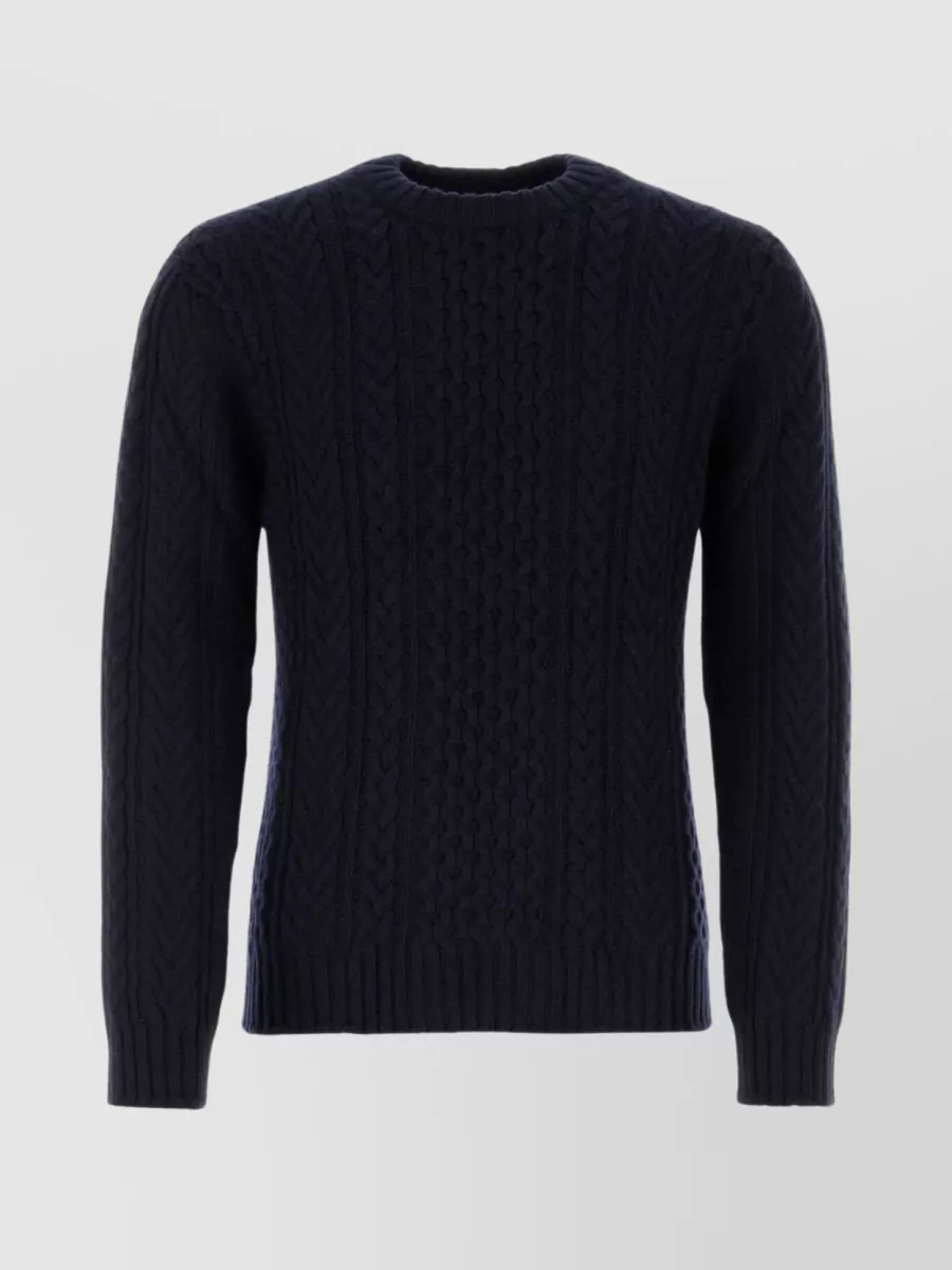 Shop Johnstons Of Elgin Ribbed Crewneck Sweater With Cable Knit Detail In Blue